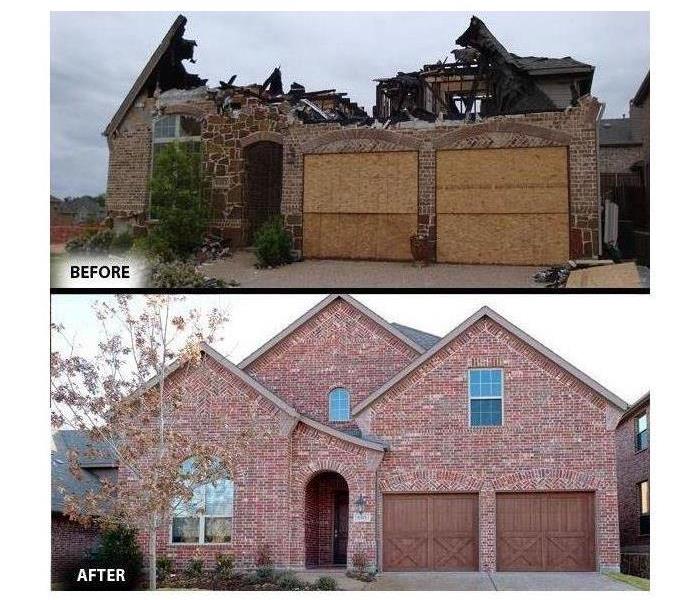 Before and after of the exterior of a home after a fire.