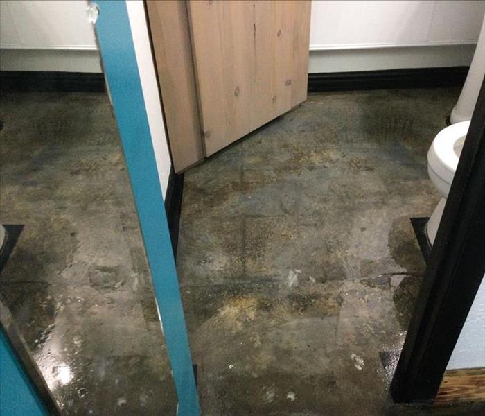Standing water in a commercial bathroom.